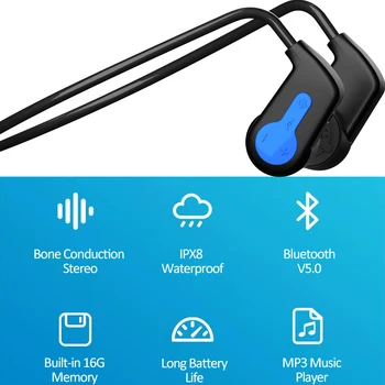 IPX8 Vodotěsný MP3 Přehrávač, Plavání Kostní Vedení Sluchátka Bluetooth 5.0 hi-fi Hudby 16G Paměti Potápění, Běh Venkovní Sporty 10136