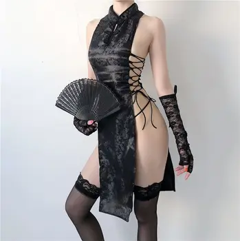 Ženy Sexy Spodní Prádlo Vysoké Split Obvaz Mini Šaty Cheongsam Qipao Jednotné Čínské Tradiční Party Šaty Noční Klub Kostýmy