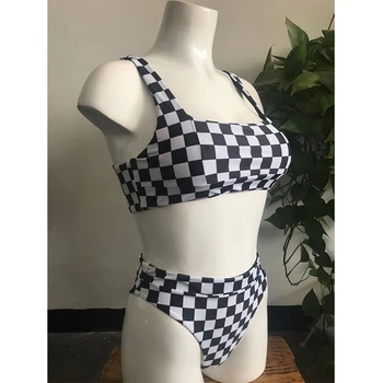 2021 Nové Ženy, Bikiny Kostkované Tisku Vysokým Pasem Bikini Sexy Split Plavky Letní Beach Bikiny Set 1124