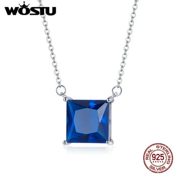 Wostu Nové 925 Sterling Silver Řetěz Náhrdelník Modrý Čtverec Zářící Kameny Jednoduchý Náhrdelník Jemné Šperky Dárek FIN456 151316