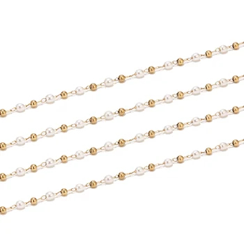 1Meter Stainless Steel Gold White Beads 2.6mm Width Pearl Chain Dainty Tiny Link Chains Handmade For DIY Jewelry Party Necklaces 1540