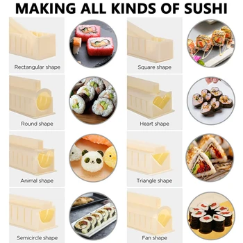 Sushi Making Sada 10 Kusů Plastových DIY Domácí Sushi Maker Nástroj, Kompletní s Sushi Rýže Roll Formy, Tvary, Vidličku, Špachtle, Bílá