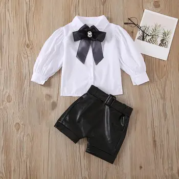 Nové Jaro Podzim Bílá Košile+Kožené Kalhoty Bowknot dětské Kostýmy Děti Oblečení, Baby Girl Oblečení Set 2101