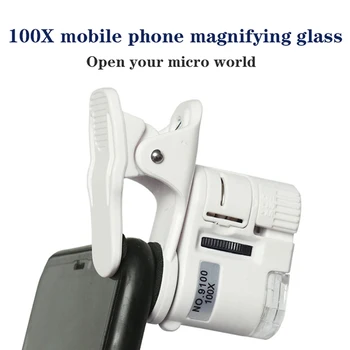 100X Mobilní Telefon Mikroskop, Lupa S LED Světlem Telefon, Univerzální Mobilní Zvětšovací Sklo, Makro Zoom Objektiv Fotoaparátu Klip 215