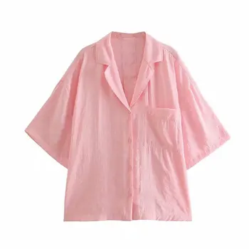 VUWWYV Za Ženy Nadrozměrné Tričko Růžové Košili s Límečkem Žena 2021 Krátký Rukáv Tlačítko Up Košile Ženy Letní Příležitostné Topy Halenky 3453