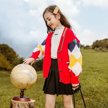 Dívčí pletené svetr svetr pro podzim roku 2021 nové korejské 3-15 let, děti, holka college styl Kapsy 3503