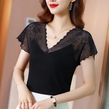 Letní Korean Módní Krajky T-košile pro Ženy, Vintage Topy pro Ženy Volné Černé Transparentní Office Lady Košile 357