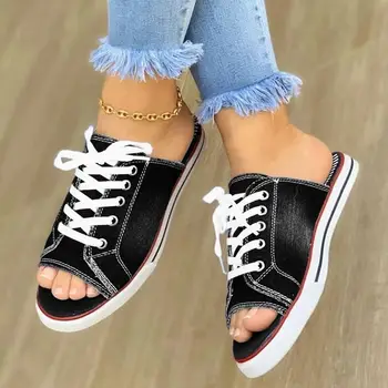 2021 Letní Módní Ženy Plátno Sandály Prodyšný Letní Pantofle Krajky Otevřené Toe Dámy Faux Džínové Ploché Boty Zapatos Mujer 442