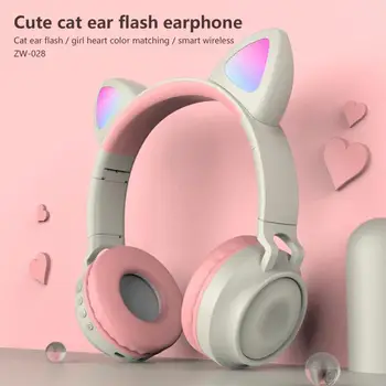 ZW-028 Roztomilé Bezdrátová Sluchátka Zářící Bluetooth 5.0 Sluchátka Pro Dívky Kočka Ucho Headset, hi-fi Stereo Hudbu S Mikrofonem