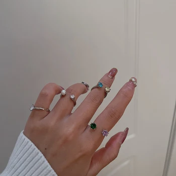 2021 Módní Jednoduchý Design Prsteny Vinobraní Stříbrné Barvy Společný prsten pro Ženy Šperky korejská Verze Společné Kroužky Barevné Zirkony 531