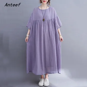 Krátký rukáv bavlněné povlečení vintage šaty pro ženy ležérní volné dlouhý ženy letní šaty elegantní oblečení 2021 54523