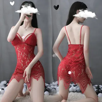 Dámská Sexy Noční Prádlo Red Černé Krajkové Noční Košile Sexy Průhledné Oblečení Na Spaní Erotické Fascinován Sexy Spodní Prádlo Šaty S G-String 2020