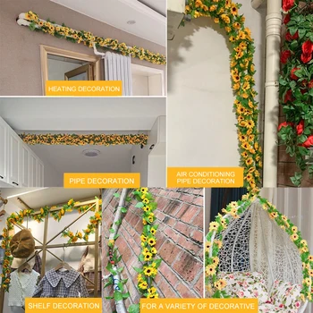 Umělé Žluté Slunečnice Girlanda Květina, Révy Svatební Květinový Oblouk Dekor Hedvábí Zavěšení na Zeď Růže Květ Řetězec 2,5 m Dlouhé
