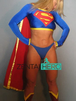 Hot Sexy Dámské Super Hrdina Spandex Dva Kusy Body, Modré Supergirl Lady Zentai Oblek Film Sexy Dívka Trikot S Cape 6500
