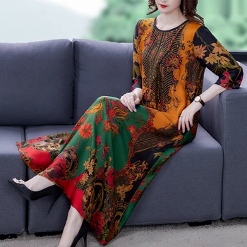 Jarní Letní Boho Vintage Print Moruše Hedvábné Maxi Šaty 2021 Volné 4XL Plus Velikost Šifónové Šaty Elegantní Ženy Bodycon Vestidos 7696