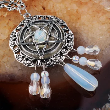 Gothic Mystic Vzor Pentagram Náhrdelník pro Ženy Opál Kámen Střapcem Přívěsek Korálek Řetězce Příslušenství, Magie, Čarodějnictví Šperky 77099