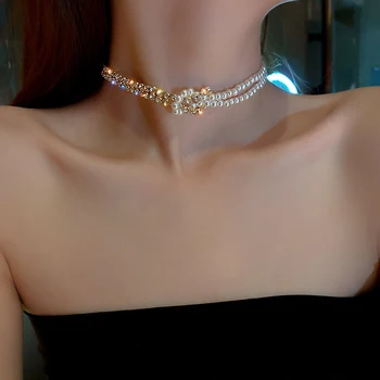 Módní Pearl Crystal Náhrdelník Náhrdelníky pro Ženy Krátký Řetěz Drahokamu Pearl Šití Krátké Double C Náhrdelník Šperky 81551