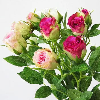 4 Hlavy Hedvábí Růže, Umělé Květiny Dlouhý Stonek Svatební Dekorace Falešné Květiny Plastové Větve s Listy Home Hotel Dekor