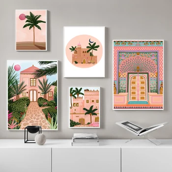 Marocké wall art plátno plakát pink lotus dveře, palma, architektura měsíc tisk severské dekorace, obraz obraz moderní mosq 995